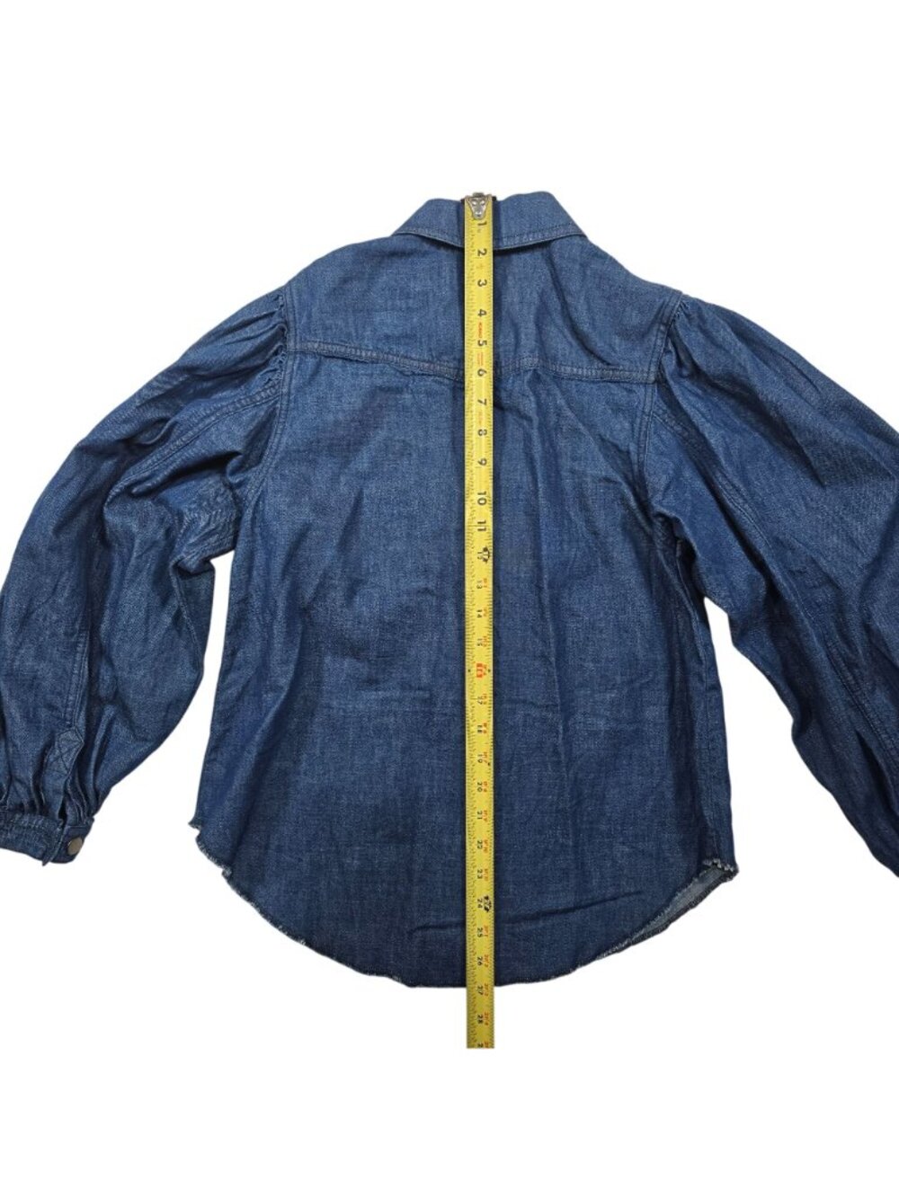 We The Free Women's XS Denim Snap Front Shirt Puff Sleeve Raw Hem Blue Western - Picture 11 of 14